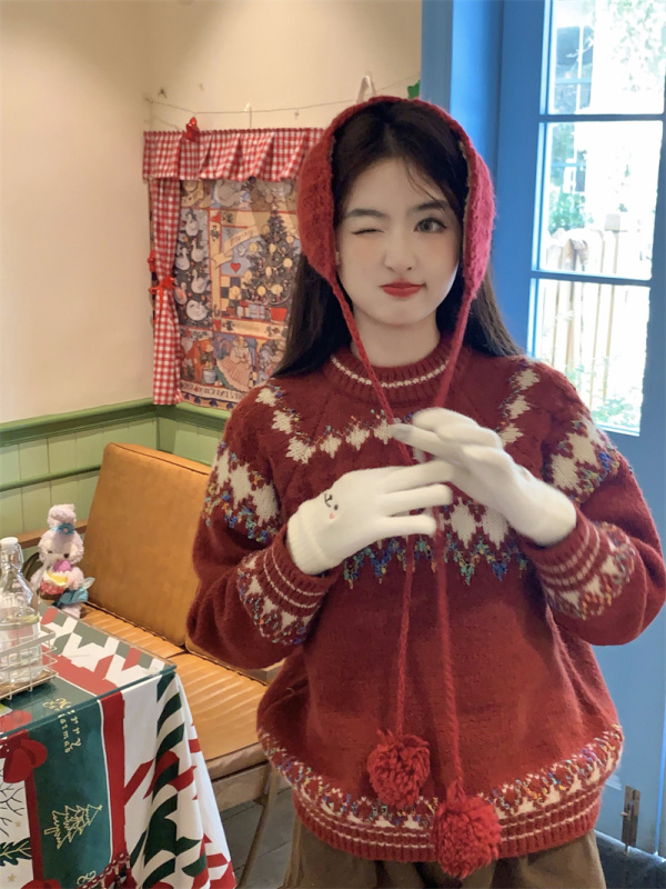 Actual shot ~ New Korean style sweet age-reducing Christmas and New Year style contrasting jacquard loose knitted sweater