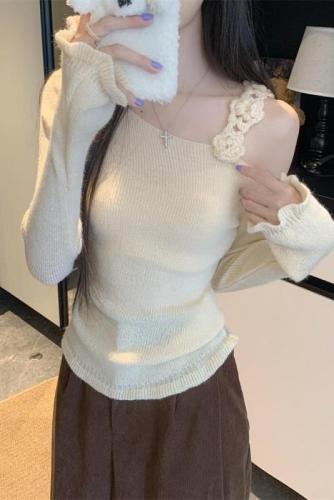 Three-dimensional flower purple off-shoulder long-sleeved sweater for women autumn and winter slim sweater versatile top