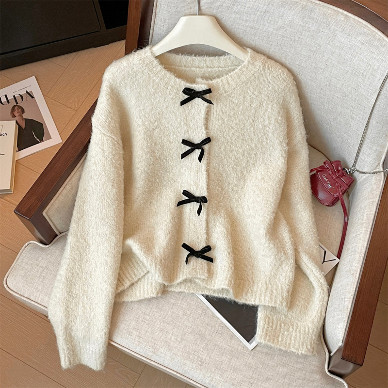 Designed plush bow sweater cardigan for women in autumn and winter new loose warm style top