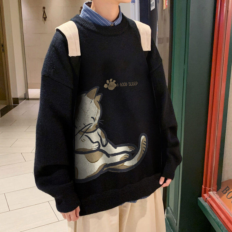 Hong Kong style new loose casual unisex couple round neck trendy printed sweater men's jacket