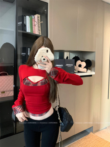 Pure desire fake two-piece plaid velvet T-shirt for women autumn and winter with chest pad hollow bottoming shirt short top