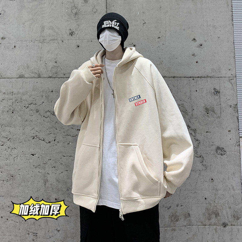 Winter clothing plus velvet and thickened trendy brand American loose hooded printed sweatshirt jacket