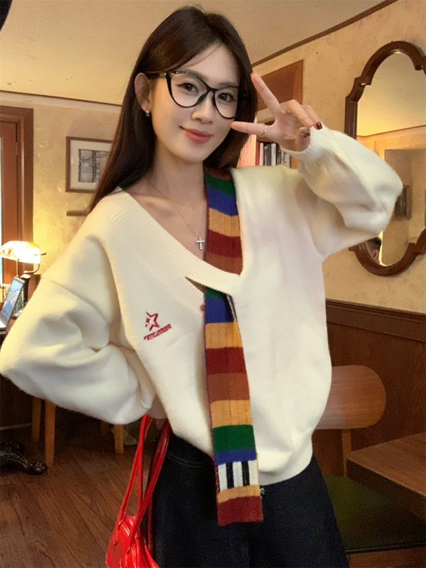 Rainbow wool splicing V-neck sweater for women retro art student loose lazy style jacket