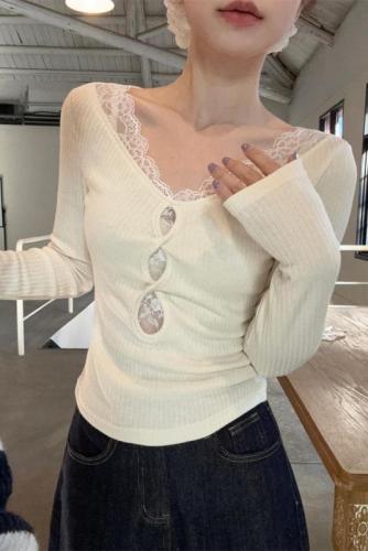 Bottoming shirt for women 2024 new hot style autumn and winter high-end T-shirt short lace long-sleeved top