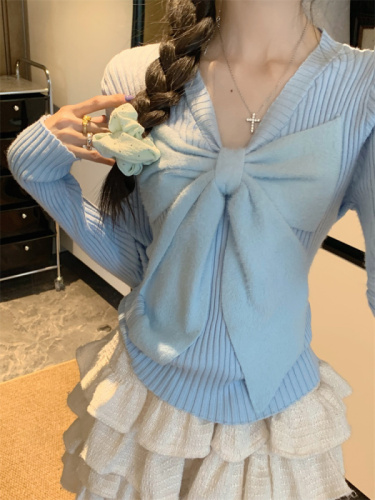 Bow long-sleeved soft waxy sweater for women autumn slim-fit thickened sweater base layer top