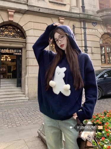 kumikumi navy loose hooded drawstring bear sweater women's winter lazy soft waxy pullover sweater
