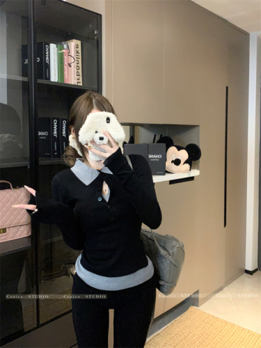 Fake two-piece contrasting color multi-collar sweater for women