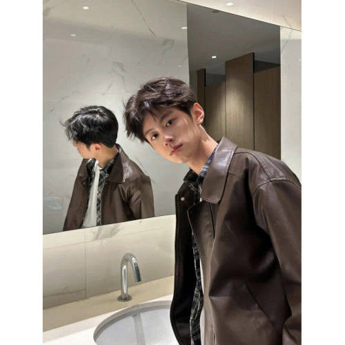 American pu leather jacket men's spring and autumn high street loose men's lapel motorcycle leather jacket