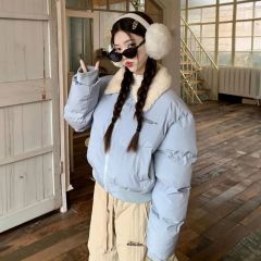 Letter embroidered lapel short design slimming cotton coat winter lamb wool splicing cold-proof thickened bread coat