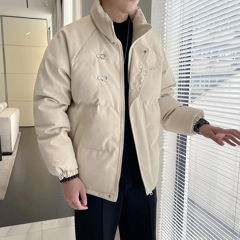 Winter tie-dyed PU leather stand-collar cotton jacket