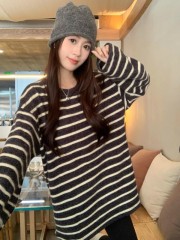 Original rabbit plush back bag collar temperament retro long-sleeved round neck striped T-shirt women's winter mid-length loose top