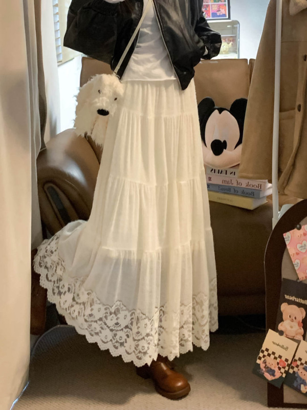 New velvet gentle style white lace high waist slimming skirt long skirt