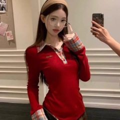 DREAM SEVEN77 polo collar long-sleeved sweater tops for women 2024 autumn and winter new slim and versatile splicing