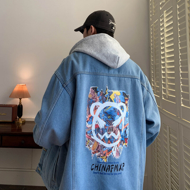 Winter men's fleece denim jacket with hood (removable) fleece cotton coat