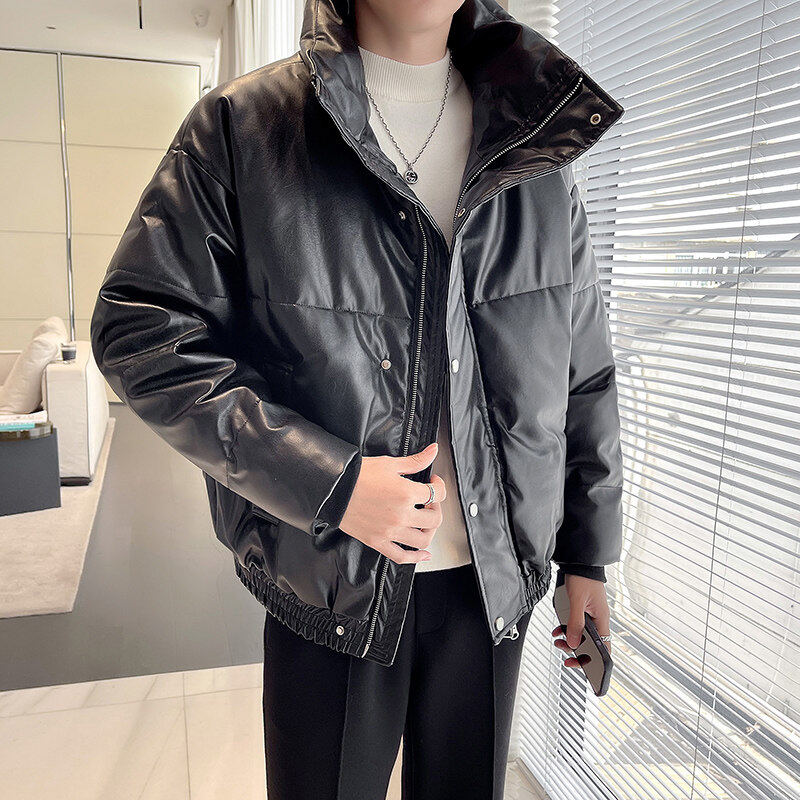 Winter stand collar PU leather cotton coat