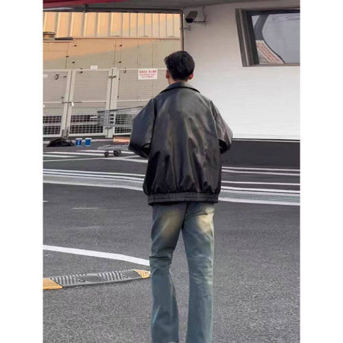 American pu leather jacket men's spring and autumn high street loose men's lapel motorcycle leather jacket