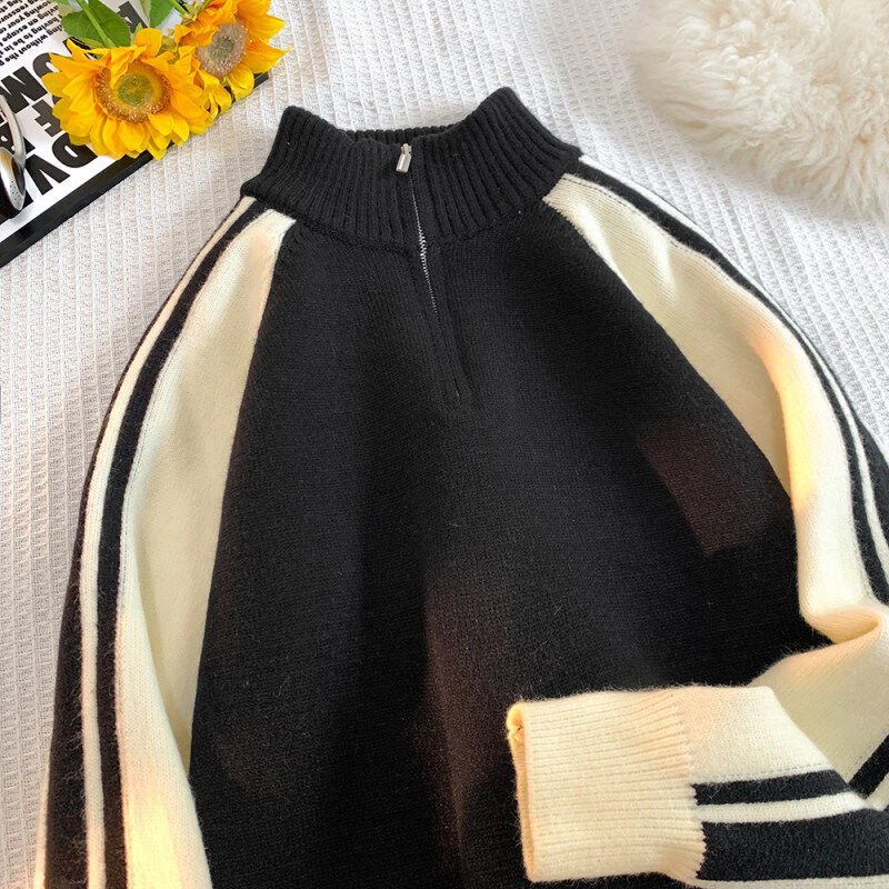New patchwork contrasting half-zip stand-up collar sweater and sweater