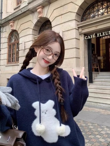 kumikumi navy loose hooded drawstring bear sweater women's winter lazy soft waxy pullover sweater