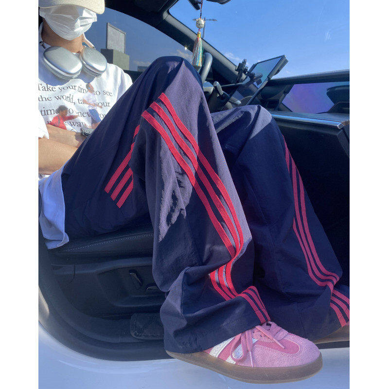 Summer new American sports slash striped loose ice silk pants