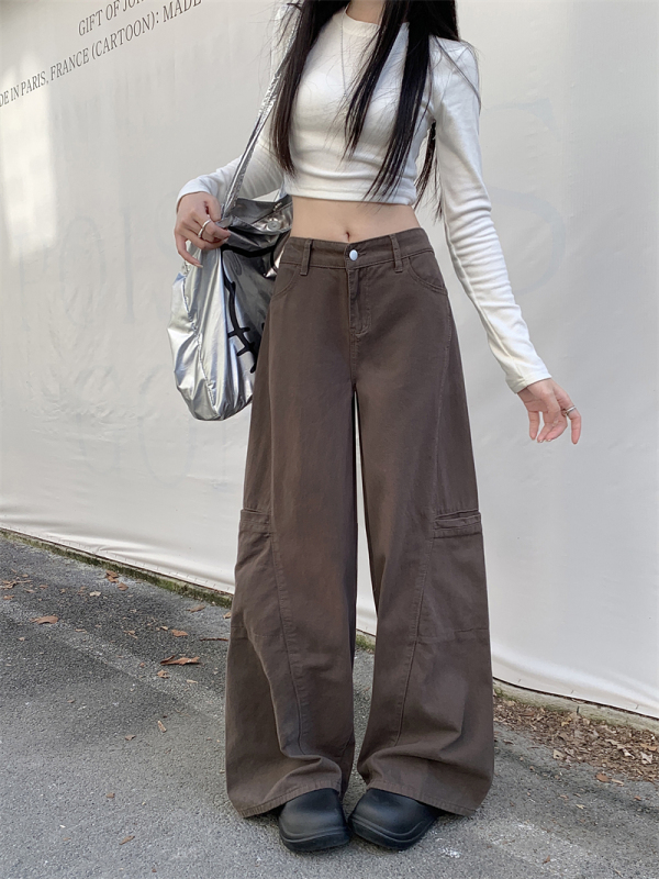 American retro casual pants for women in autumn new versatile loose straight slim high street wide leg overalls