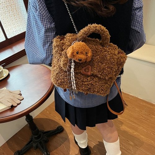 Korean style casual plush backpack for women 2024 autumn and winter new ins trendy fashion student bag handbag for women