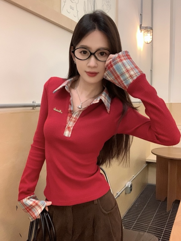 Korean style slim fit design plaid stitching POLO collar long-sleeved T-shirt base layer