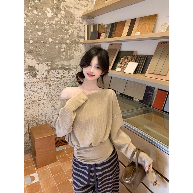 Sexy slope-neck off-shoulder long-sleeved sweater pleated waist pullover temperament slim crop top