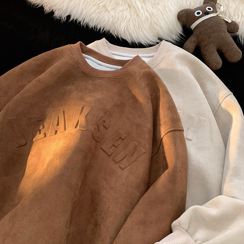 Suede letter large size sweatshirt autumn round neck American retro heavy jacket trendy