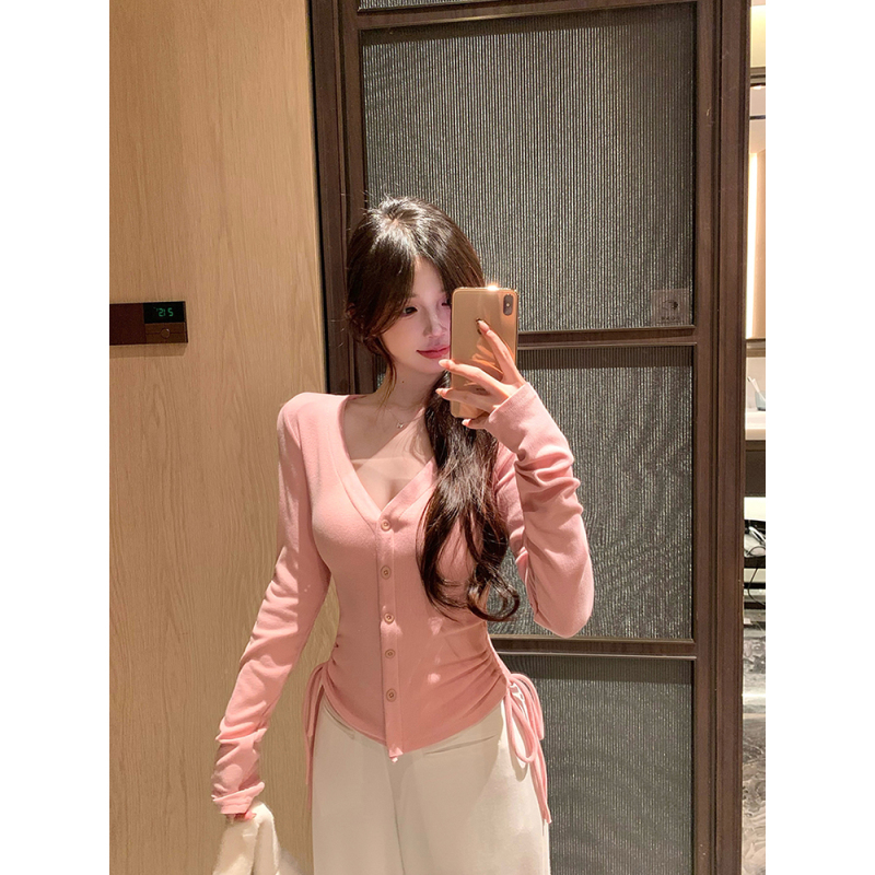 Adjustable drawstring waist slim fit knitted bottoming shirt for women in autumn and winter