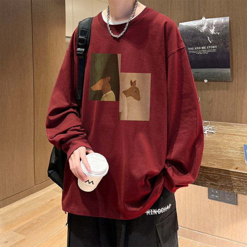 Live broadcast quality Autumn and winter heavyweight trendy brand hip-hop American printed cotton long-sleeved T-shirt bottoming shirt
