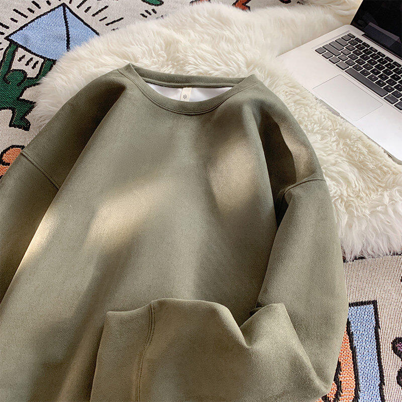 Dewu high quality solid color large size casual suede crew neck sweatshirt