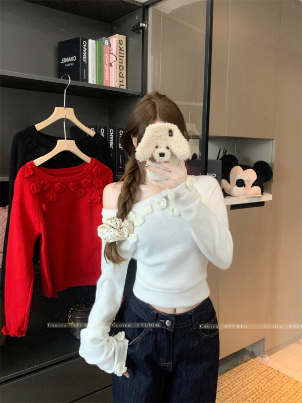 Korean style pure desire high-end three-dimensional flower off-shoulder slim sweater