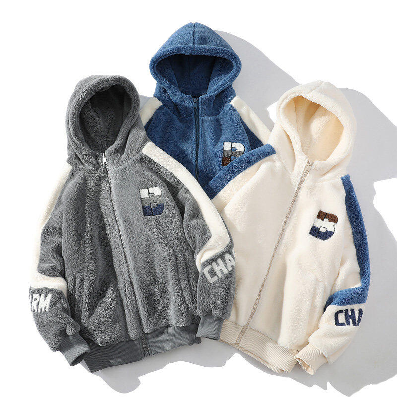 Autumn and winter new trendy men's color-blocked granular velvet jacket plus velvet and thickened lamb velvet hooded cotton coat