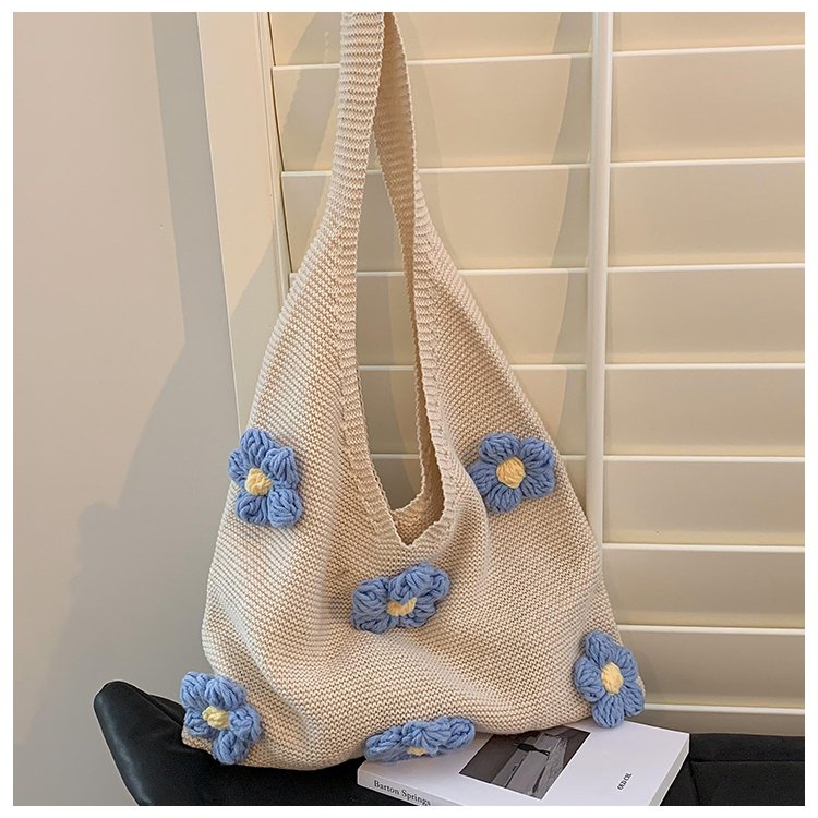 Summer Flower One Shoulder Wool Knitted Bag Women's 2024 New Hand Carrying Simple Large Capacity Flower Tote Bag