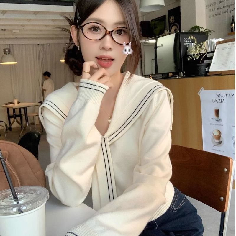Original navy collar shawl sweater for women 2024 autumn and winter new high-end Korean style inner sweater short top