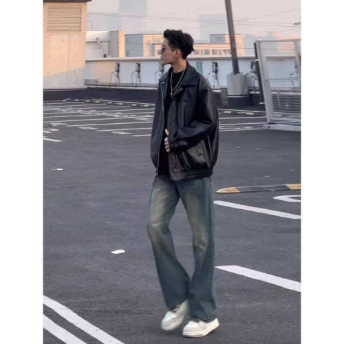 American pu leather jacket men's spring and autumn high street loose men's lapel motorcycle leather jacket