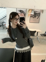 Plus size women's lace ruffle design long-sleeved T-shirt 2024 Western fashion round neck bottoming shirt