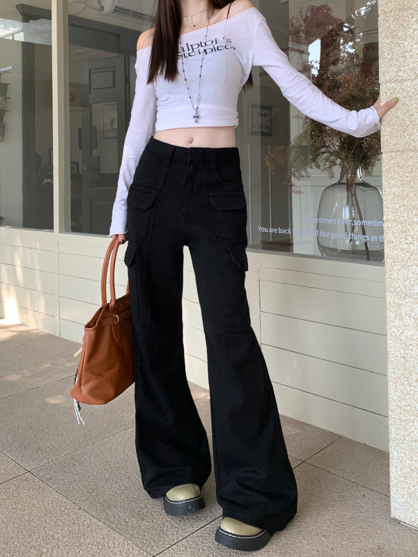 Black low-waist overalls for women in autumn new loose wide-leg pants drapey floor-length casual pants