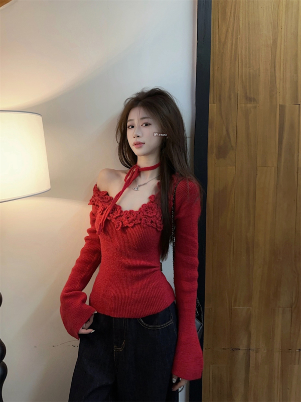Red knitted top for women in spring with lazy style slim bottoming sweater