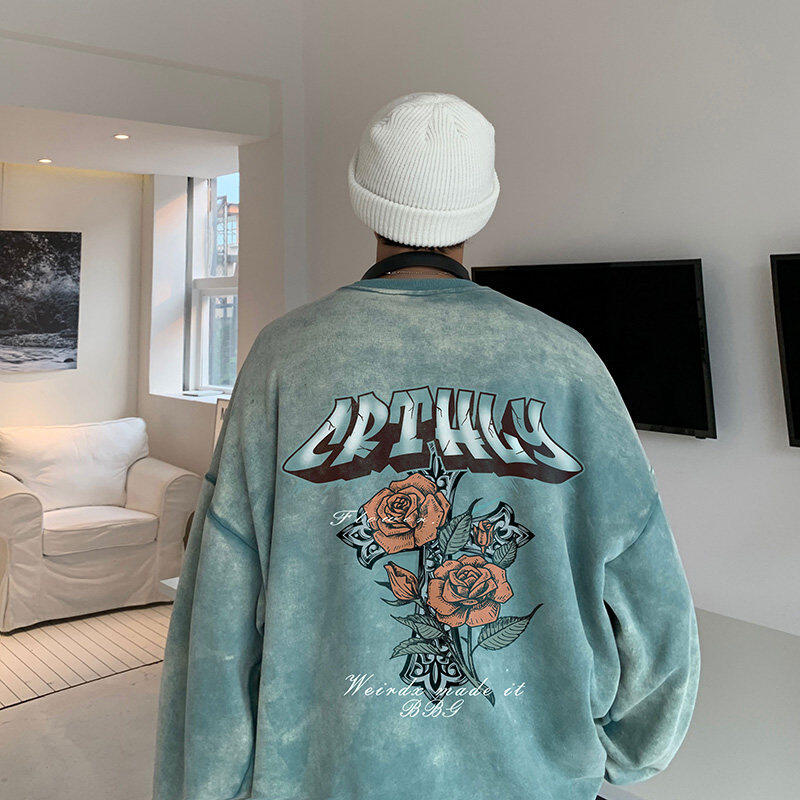American trendy brand hip-hop printed distressed washed round neck pullover sweatshirt for men