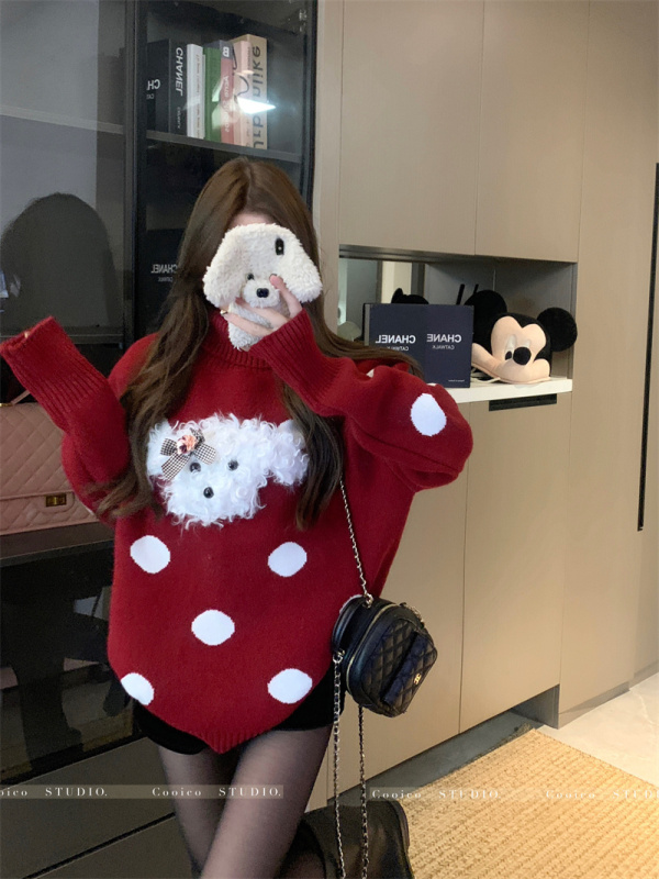 Polka Dot Puppy Turtleneck Sweater Women's Autumn and Winter Design Korean Cute Loose Warm Pullover Top