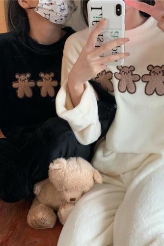 New cute bear embroidered coral velvet home clothes thickened and velvet warm pajamas set