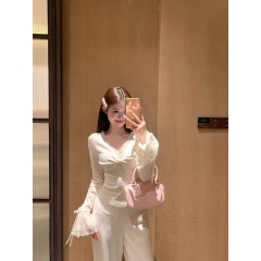 Plus size~Knotted lace sleeve bottoming sheer lust slim fit top