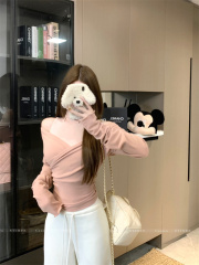 Soft and gentle fake two-piece brushed bottoming shirt for women, slim fit and warm top