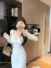 Women's fake two-piece slimming long-sleeved top with built-in bra pad