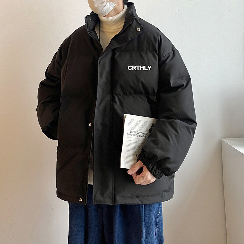 Winter thickened stand collar large size cotton coat for couples simple warm cotton coat with letter printing