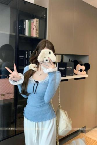 Pure lust-style lace splicing long-sleeved bottoming shirt for women in winter, slim-fitting knitted sweater