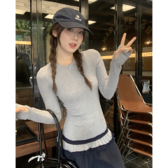 Double-layer fungus-edged cashmere bottoming shirt for women in autumn and winter with round neck and slim fit top