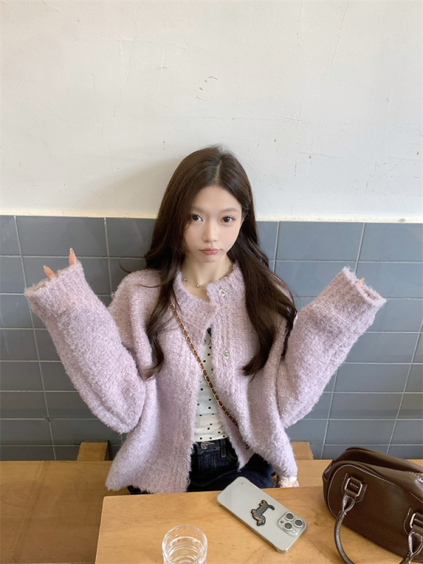 Autumn and winter textured thickened knitted cardigan jacket for women round neck loose Korean long-sleeved sweater