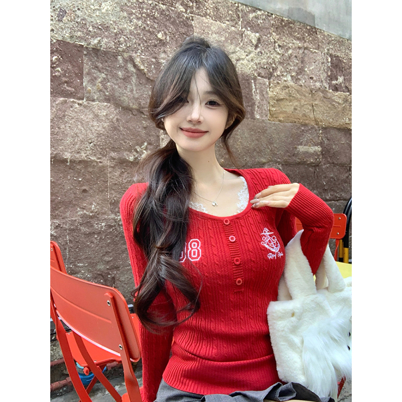 Autumn and winter lazy high-end long-sleeved retro lace red sweater